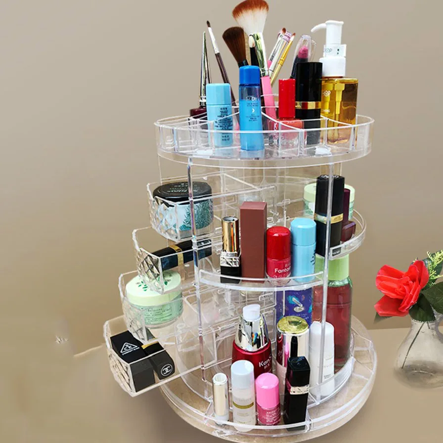 NEW 360-degree Rotating Drawer Makeup Storage Box Brush Holder Jewelry Organizer Case Transparent Acrylic Cosmetic Organizer Box