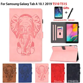

SM-T510 Case For Samsung Galaxy Tab A 10.1 2019 T510 T515 SM-T515 Cover Funda Elephant Embossed PU leather Stand Shell +Gift
