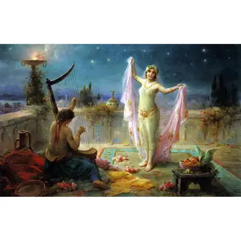 

7 Hand Painted Art Paintings by College Teachers - Moonlight Serenade Hans Zatzka Arabian dancing girl - Oil Painting on Canvas