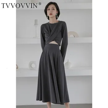 

TVVOVVIN 2019 Autumn Concise Urban Leisure Hong Kong Flavor Solid Color O Neck Long Sleeve Half-body Skirt Suit Woman ZX194