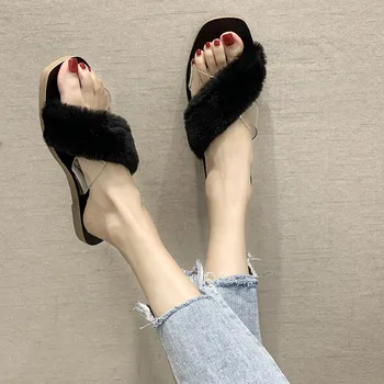 

36-40 Women Slippers Fluffy Faux Fur Green Plush Slippers Ladies Spring Autumn Slides Comfortable Home Flat Shoes