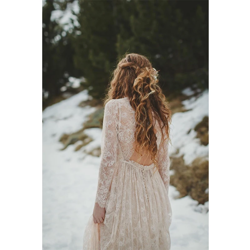 

Vintage Bobemian Beige Lace Long Sleeves Wedding Dress 2020 Sexy Open Back Boho Beach Wedding Dresses Hippie Brides Gowns
