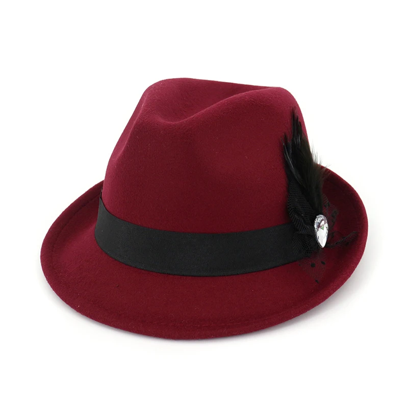 Wine Red fedora FS зима осень Fedora Шляпа черная для женщин мужчин боулинг, джаз шляпы сомбреро Mujer Трилби кепки свернутые короткие полями с перьевой лентой - Цвет: Wine Red fedora