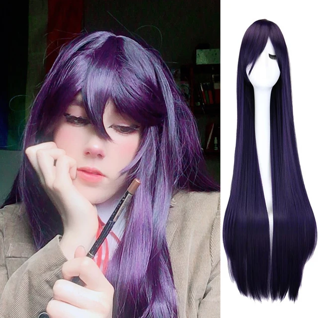 QQXCAIW Long Straight Cosplay Wig Black Purple Black Red Pink Blue Dark Brown 100 Cm Synthetic Hair Wigs black purple