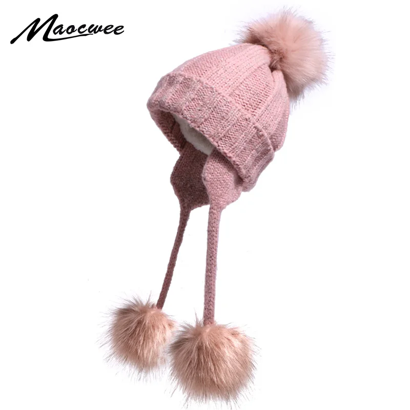 Осенне-зимние женские теплые зимне наушники шапка модная дикая вязаная Круглая Шапочка три шарики для волос милая Студенческая хеджирующая шапка