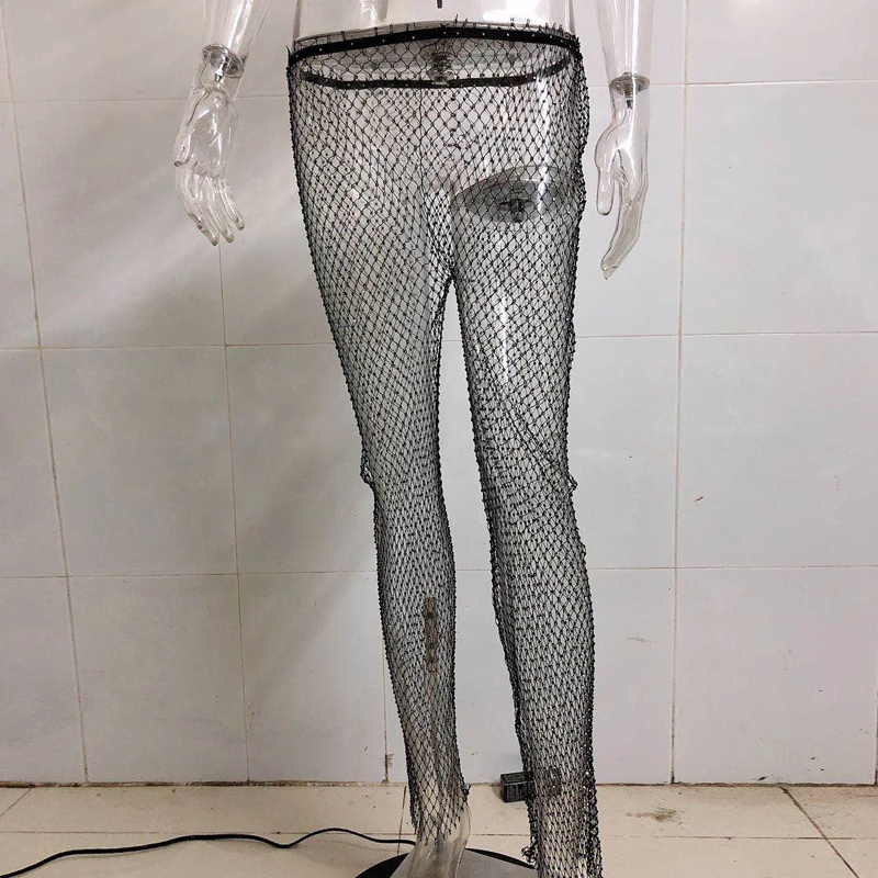 Crystal Diamond Mesh Pants Women Sexy Summer Hollow Out Transparent Loose Long Fishnet Pants 2020 New BeachWear Trousers wide leg pants