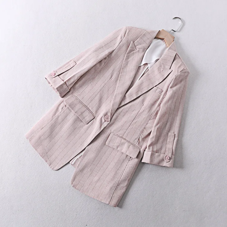 

A Generation of Women's OL Stripes Suit Collar One-Button Cotton Linen Suit Jacket Entity