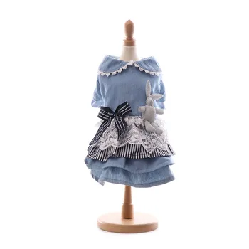 

Clothes for Pug Dog Warm Dress for Fall and Winter Blue Color Pet Clothes with Bow Decor Thick Cotton Cute Dresses Ropade Perro