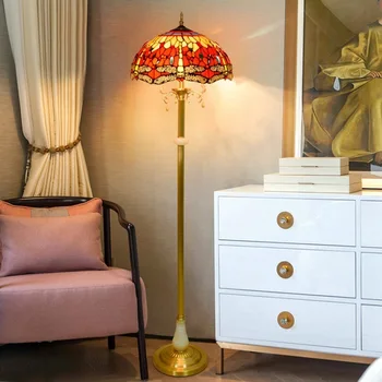 

40cm European Retro Red Dragonfly jade living room floor lamp Tiffany colored glass pure copper standing lamp