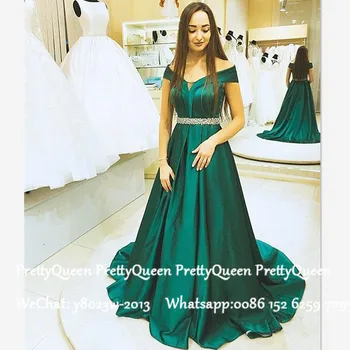 

Modest Green Satin Prom Dresses With Silver Beads 2020 Off Shoulder Long Formal Evening Dress Party For Women Vestido De Festa