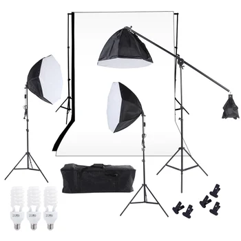 

Photography Studio Lighting Softbox Photo Light Muslin Backdrop Stand Kit w/Softbox Cantilever Light Stand Bulbs+Carrying Bag