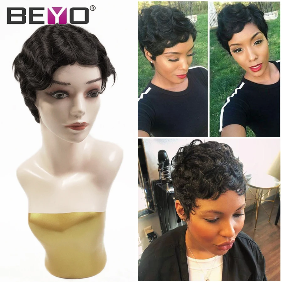Бразильский парик Pixie Cut Finger Wave Короткие парики из человеческих волос