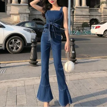 

two piece sets women summer fashion strap denim bow shirt+skinny flare jeans