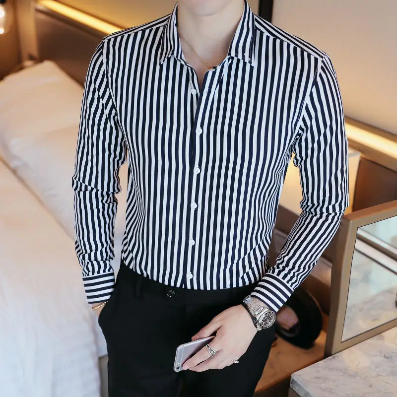 Мужская контрастная рубашка в Вертикальную Полоску высокого качества Удобная хлопковая рубашка с длинным рукавом приталенная Повседневная рубашка на пуговицах
