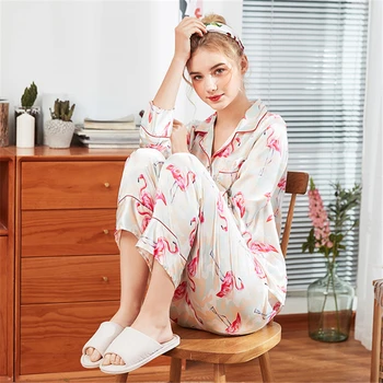 

Pajamas flamingo pattern spring and summer rayon sexy nightware ladies long sleeve trousers home service two-piece pijama