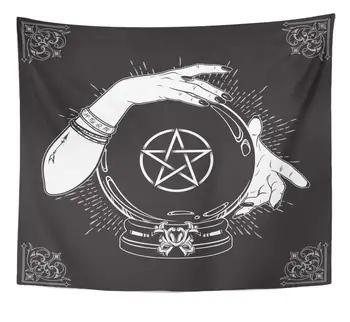 

Artwork Wall Hanging Magic Crystal Ball with Pentagram Star in Hands of Fortune Teller Line and Dot Work 50x60 Inches Tapestries