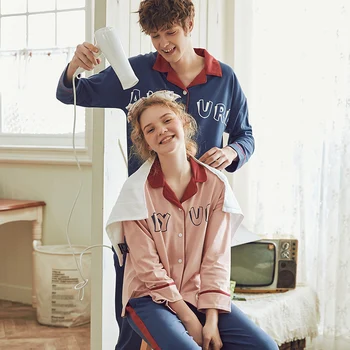 

MELIFLE Autumn Cotton Couple Nightwear Cartoon Print Turn-down Collar Women's Pajamas Set Long Sleeve Leisure Men's Sleepwear