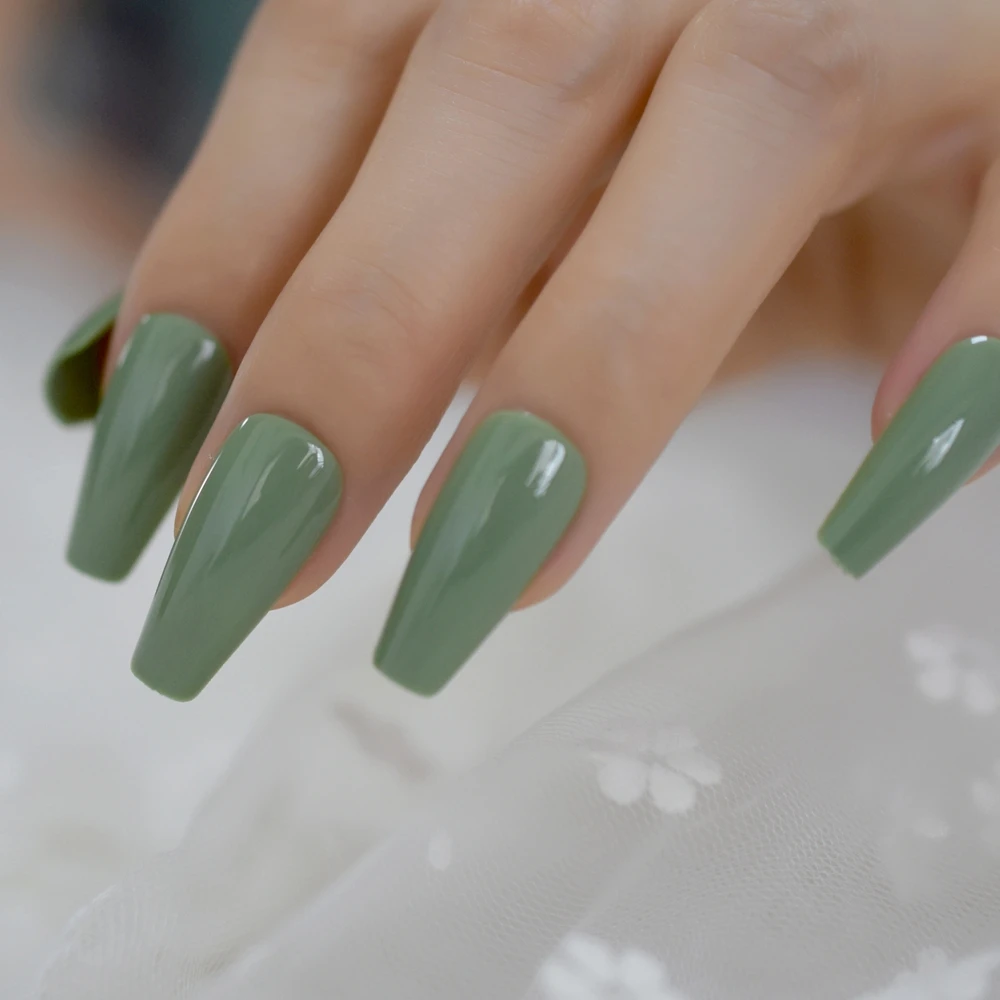 Glossy Olive Green Press On False Nails Extra Long Gel Coffin Ballerina  Flat Shape Press On Fingersnails Free Adhesive Tapes - False Nails -  AliExpress
