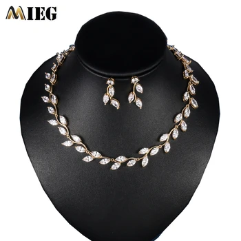 

MIEG Trendy Leaf Crystal Zircon Cubic Zirconia Necklace and Earrings For Bridal Jewelry Set In Gold or Sliver Color Plated