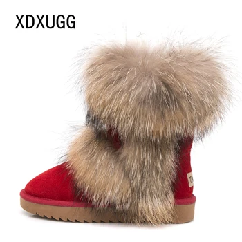 

2020 New Fashion Big Fox Fur Woman Snow Boots Lady Winter Boots Genuine Cowhide Leather Mid-calf Warm Boots Women Boots Shoes