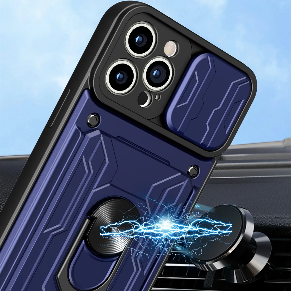 Sleek Lens Protective Case with Hidden Slide Card Slot and Magnetic Ring
