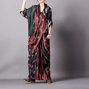 

Spring Summer Original Silk Print Dresses Women Splicing Chest Cross Asymmetrical Patchwork Vintage Long Maxi Robe Dresses