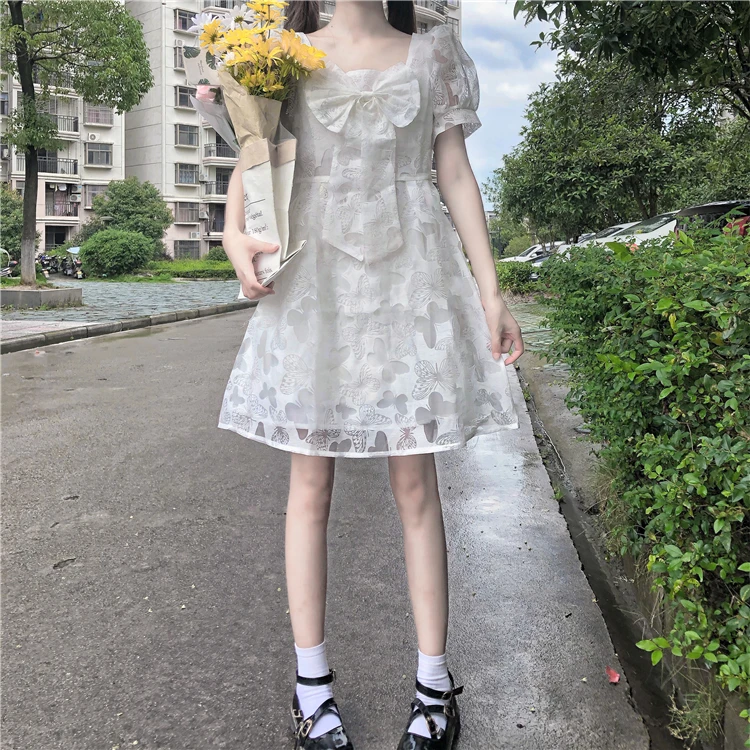 Japanese Summer Soft Girl Dress Sweet Square Collar Bow Cute Gauze Patchwork Puff Sleeve Dresses Kawaii White First Love Dress