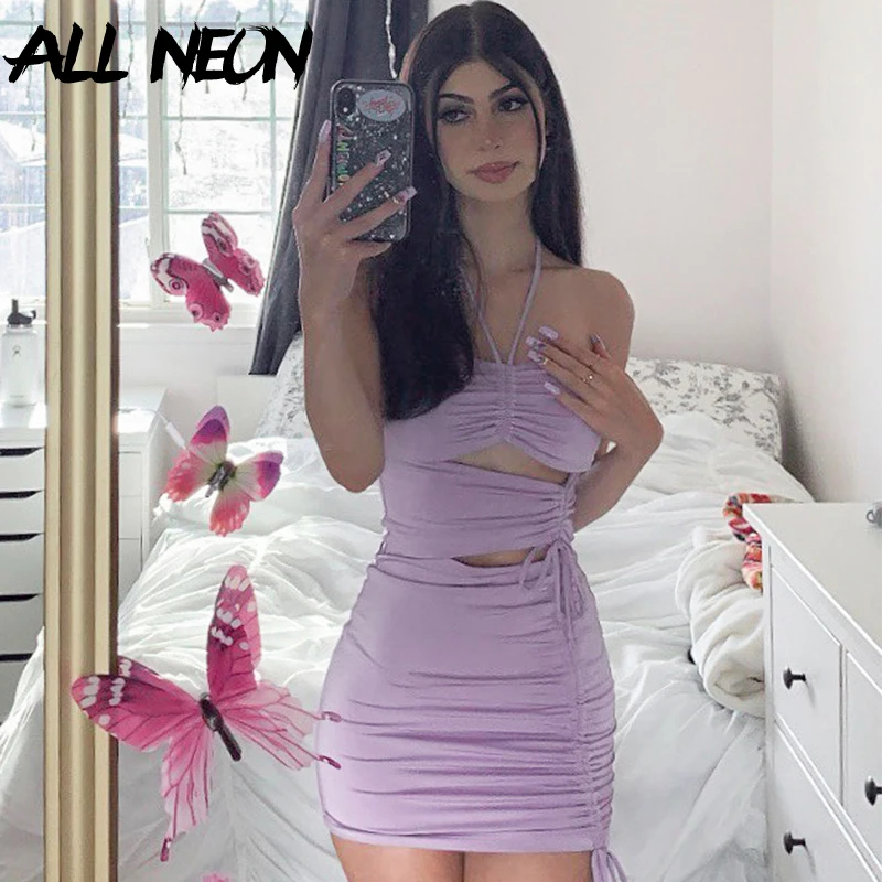

ALLNeon E-girl Sweet Ruched Hollow Out Halter Party Dresses Sexy Off shoulder Drawstring Sleeveless Bodycon Mini Dress Vintage