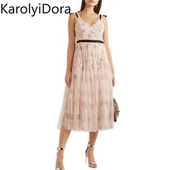 

Sexy Tulle Bow Spaghetti Strap Dress 2020 Summer Sleeveless Beading Flower Printed Party Celebrate Pleated Pink Mesh Dress