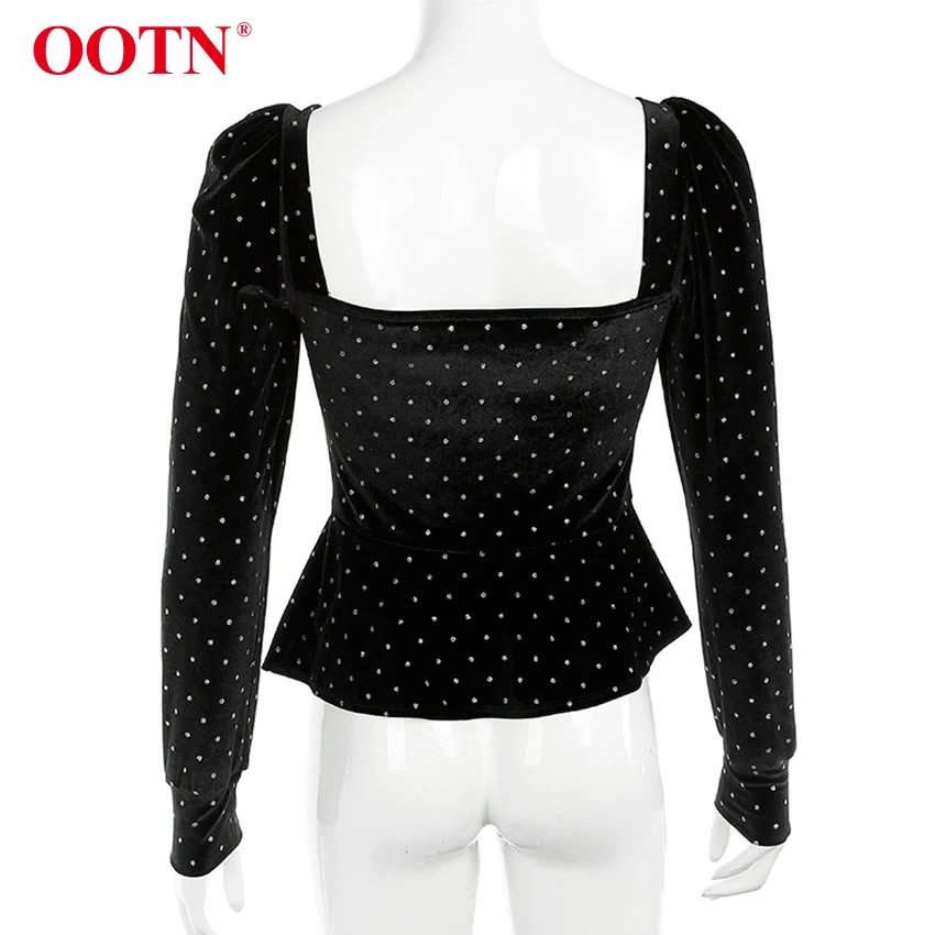 OOTN необычная бархатная черная блузка в горошек Женская блестящая блузка с пышными рукавами и оборками пикантная женская рубашка с v-образным вырезом элегантные вечерние блузки