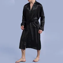 Mens Silk Satin Pajamas Long Sleeve Solid Sleepwear Robes Kimono Pyjamas Male Bathrobe Nightgown Men Loungewear Dressing Gown
