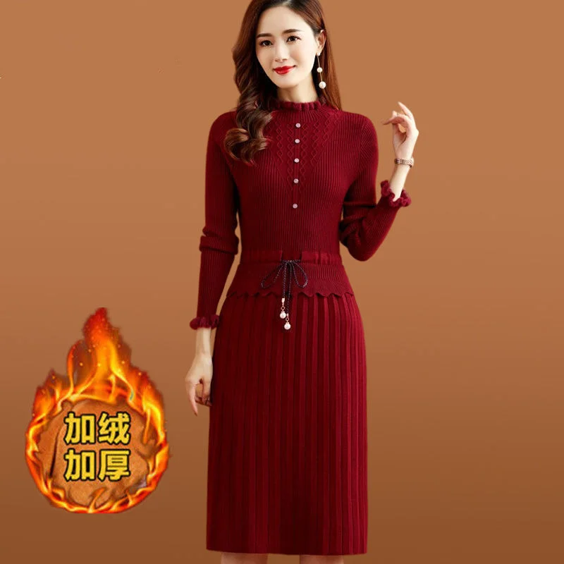 

Women Fake Two-piece Dress 2021Autumn Winter Female New Thick Mid-length Section Waist Round Neck Sweater Skirt Plus Velvet A776
