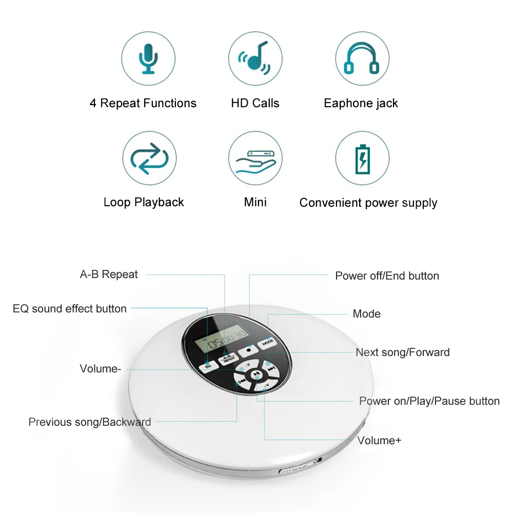 Portable CD Player Anti-Skid Small Music CD Walkman for Home Travel Car with LCD Display Support TF Card Personal Music Player