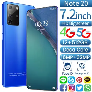 

2020 Note20 Global version 5000mAh 7.2 Inch HD Full screen 8g+256g Dual Card Dual Standby Fingerprint Face Unlock 100% Original
