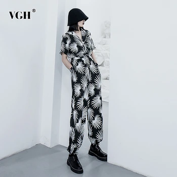 

VGH Casual Print Women Jumpsuit Lapel Collar Short Sleeve High Waist Full Length Beach Style Hit Color Jumpsuits For Female Tide