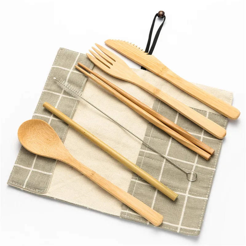 

Hot Cutlery Set Wooden Flatware Set Travel Bamboo Straw Tableware Set with Cloth Bag for Picnic Dining Sets Kitchen Accessories