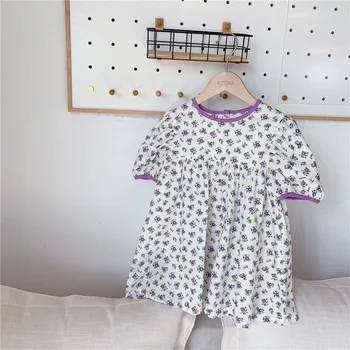 

2020 Summer Korean style Cute Floral Printing Pure Cotton Short Sleeve dress girls puff sleeve casual Party Princess dresses