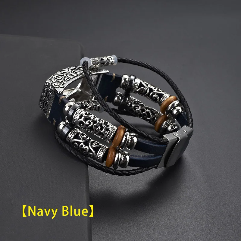 Navy Blue UEBN кожаные ремешки в стиле ретро с металлическим тиснением граница браслет DIY для Fitbit Inspire HR smart Band - Цвет ремешка: Navy Blue