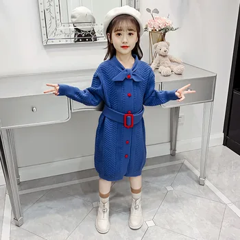 

2020 Autumn New Fashion Bowtie Dress with Sashes Kids Solid Knitted Sweater Princess Dresses for Girls Kids Clothes