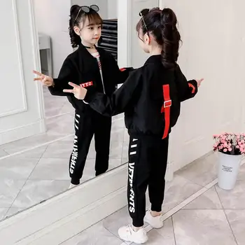 

Girl's College Style Suit 2020 Spring and Autumn New Long-sleeved O-neck Sports Two-piece Black Red Lady Suit 4 6 8 10 12 Year