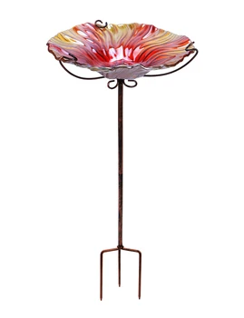 

26 Inch Height Glass Birdbath Birdfeeder with Metal Stake Garden Outdoor Red