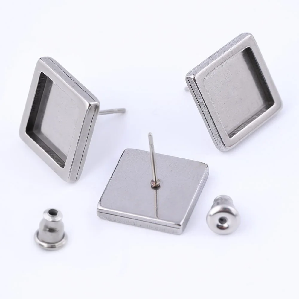 6Pcs Stainless Steel Post Stud Earrings Base 10mm 12mm Square