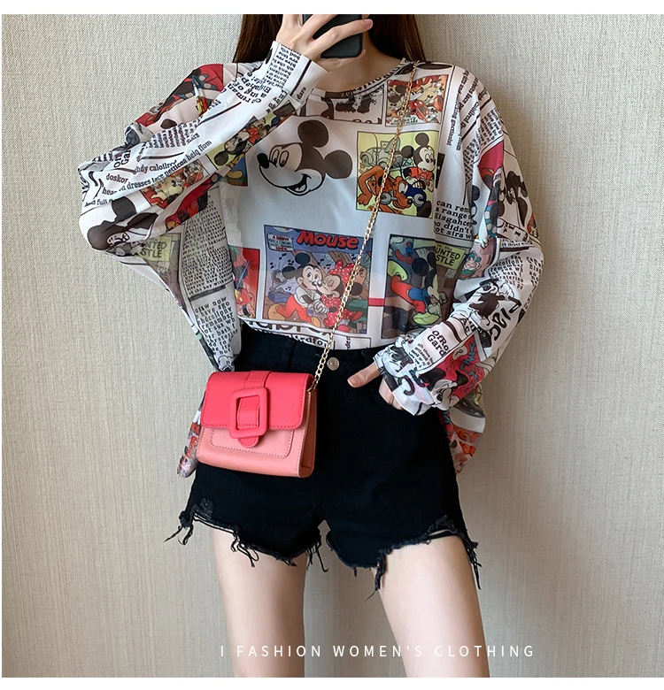 Disney 2021 Summer Famous Anime Mickey Mouse Brand Mesh Shirt Women Sun Protection Transparent Long Sleeve Blouse Ladies T-shirt