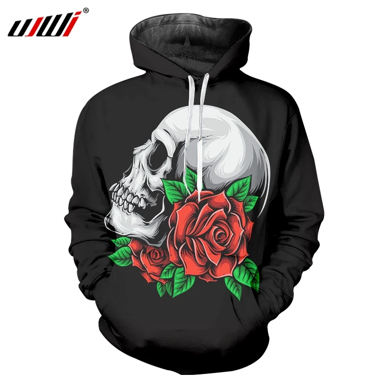 

UJWI Autumn Winter Hombre Hoodies Sweatshirts Long Hooded 3D Hoody Print Rose flower Skulls Oversized Attire Unisex Pullover