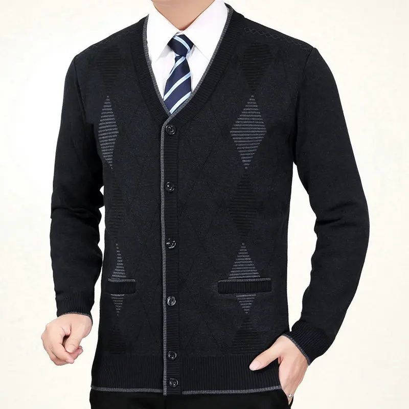 Men Elegant Wool Cardigan Sweaters Autumn Spring Dark Gray Camel Argyle Pattern Knitted Tops Male Smart Casual Plaid Knitwear