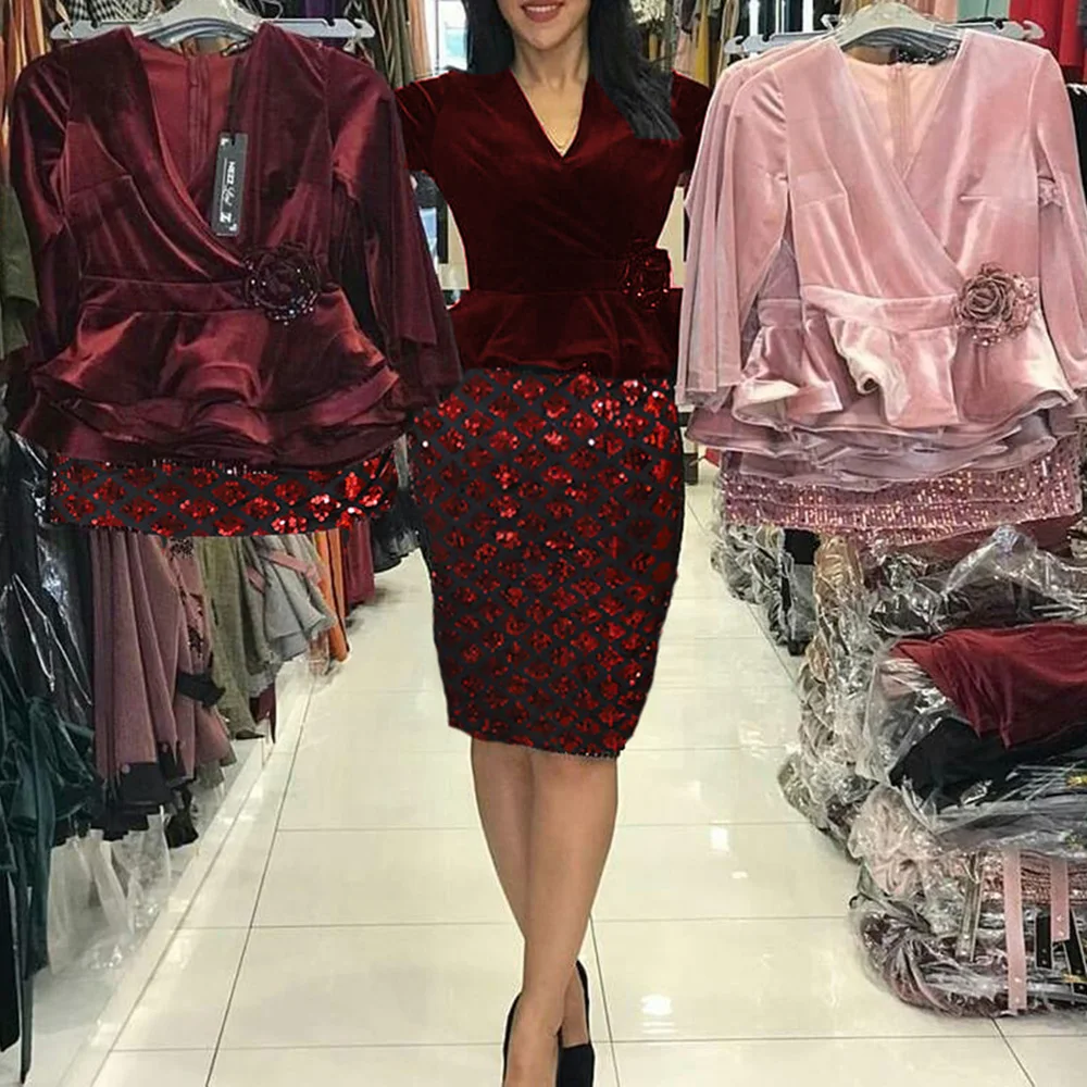 Vintage Two Piece Set Elegant Solid Velvet Tops and Sequins Plaid Skirt Women Sets Office Ladies Party Dinner Suits Plus Size