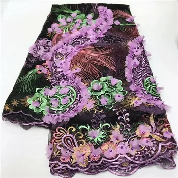 

New Arrival 3D flowers Purple Lace Fabrics African Nigerian Tulle Mesh Lace Fabric for Wedding Velvet Lace Fabrics with beads