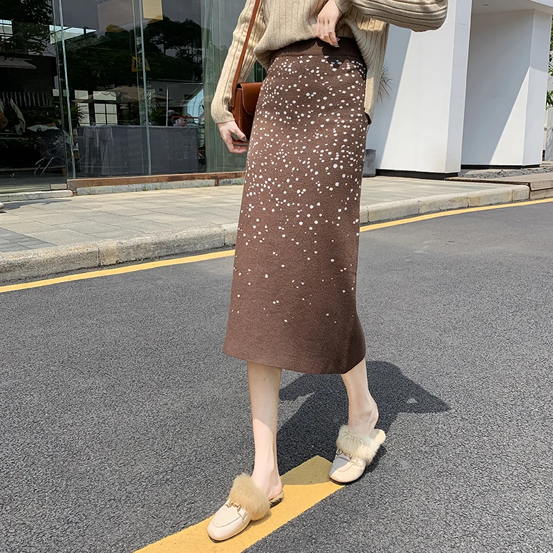 

ë¡±ì¹˜ë§ˆ 2021 New Autumn And Winter Knitted Snowflake Long Women Skirts Warm Thick High-Waist Wrap Hip Mid-Calf Skirt
