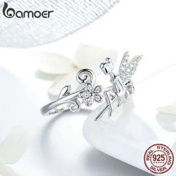 

BAMOER GAR025 Fairy Wings Flowers Plant Silver Ring 925 Sterling Silver Ajustable Rings for Women Trendy Fine Jewelry Gifts