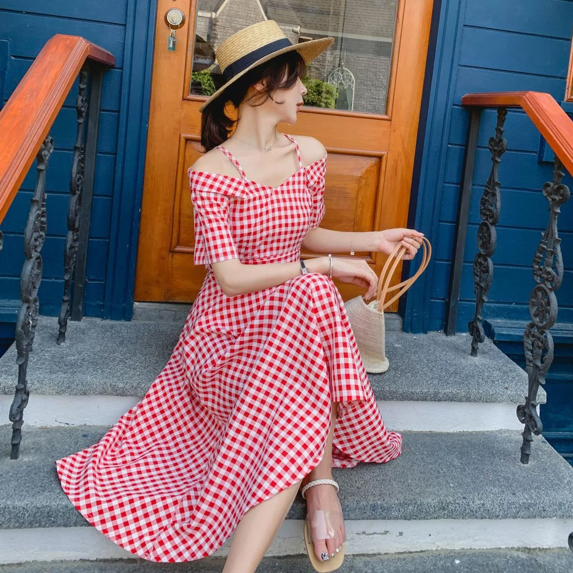 

Photo Shoot Korean-Style INS Sweet Red Retro Plaid Waist Hugging Lace-up Slim Fit Camisole A- line off-Shoulder A- line Dress